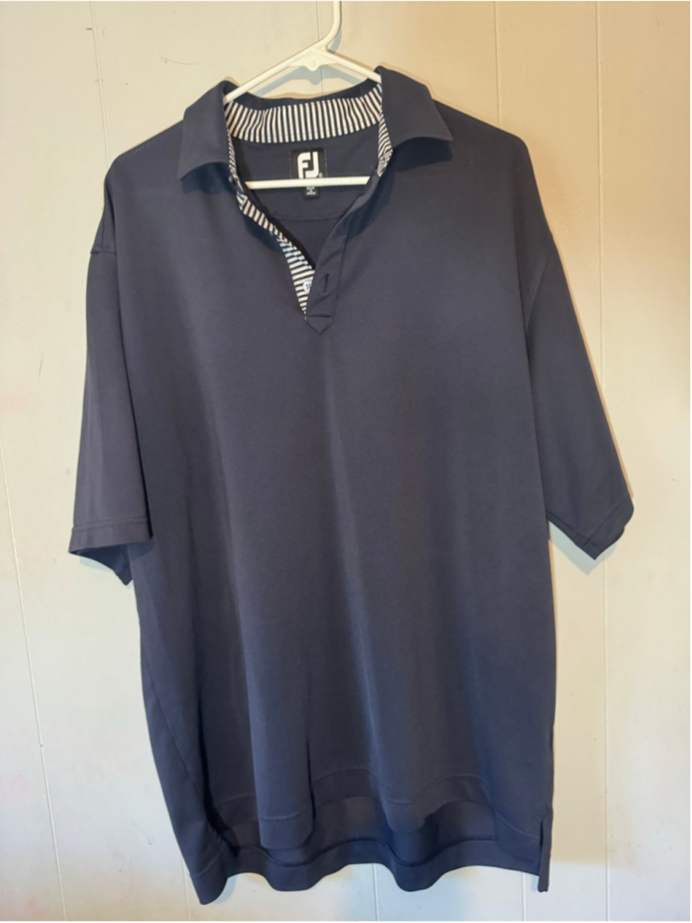 Men's FootJoy Polo Shirt XL Navy Blue White Striped Collar